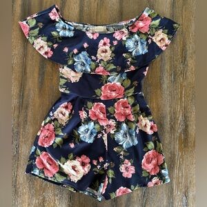 Altar’d State Women’s Navy Blue and Pink Floral Off the Shoulder Romper Size S